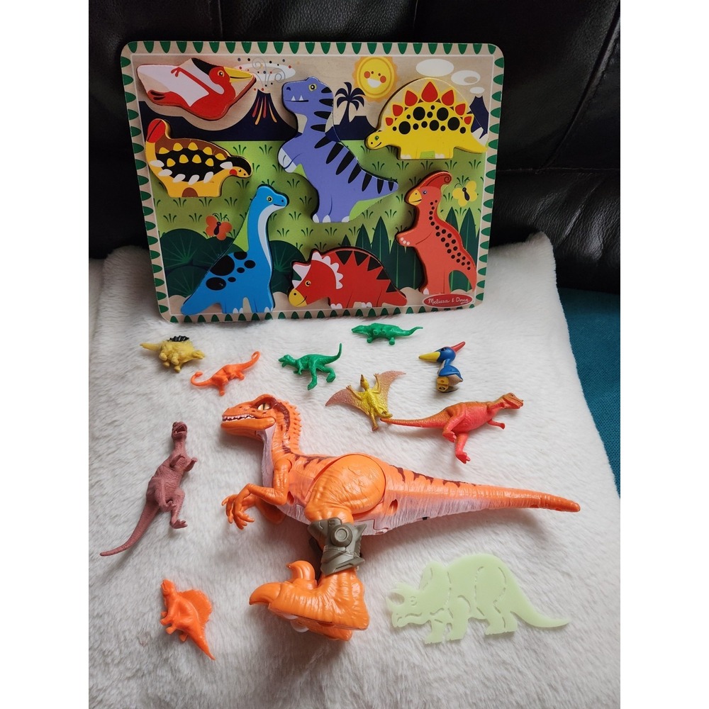 Dinosaur lot! Melissa & Doug Wooden Dino puzzle & assortment of 12 Dinosaur toy